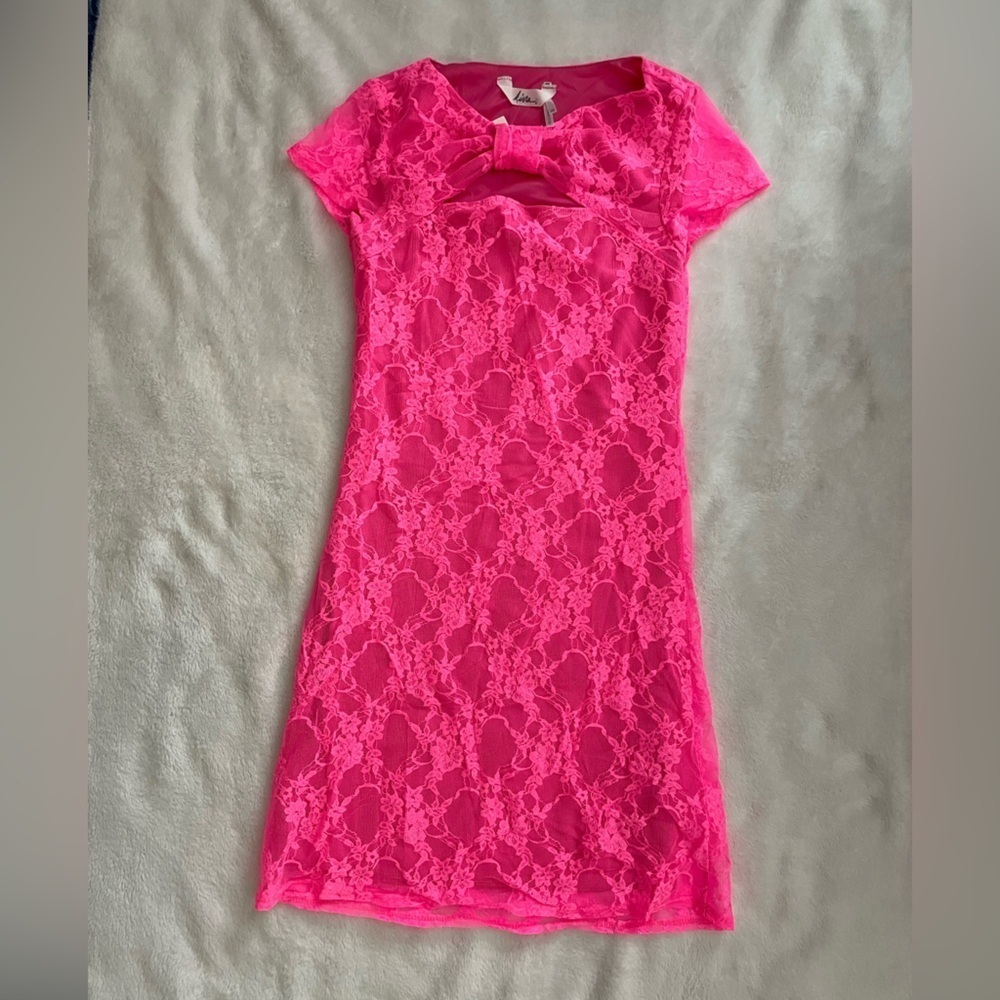 NWT Kirra Hot Pink Mini Lace Dress with Bow size XS